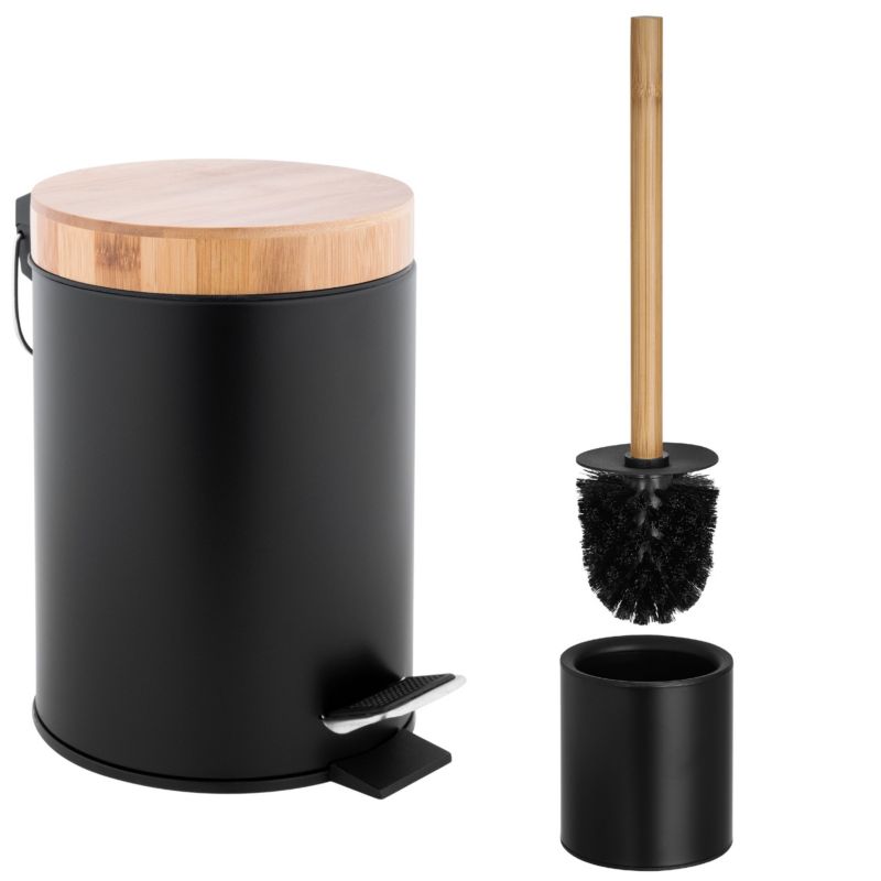Zestaw łazienkowy Yoka Home kosz na śmieci + szczotka do wc - czarny/bambusowy - 1 szt.