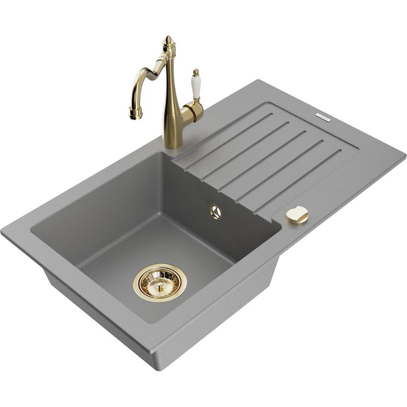 Zlewozmywak granitowy 1-komorowy Mexen Pablo z ociekaczem i baterią kuchenną Carla szary 6510-71-670700-50