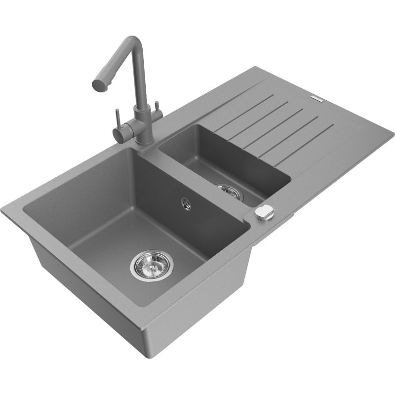 Zlewozmywak granitowy 1.5-komorowy Mexen Matias z ociekaczem i baterią kuchenną Duo beżowy - 6502-69-671701-70-B 1 szt.