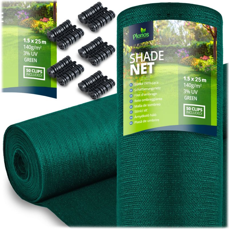 Siatka cieniująca Plonos 1,5x25m maskująca mata na płot ogrodzenie osłona zielona 90% + UV 1 szt.