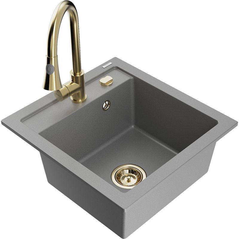 Zlewozmywak granitowy 1-komorowy Mexen Vito z baterią kuchenną Elia szary 6503-71-670101-50