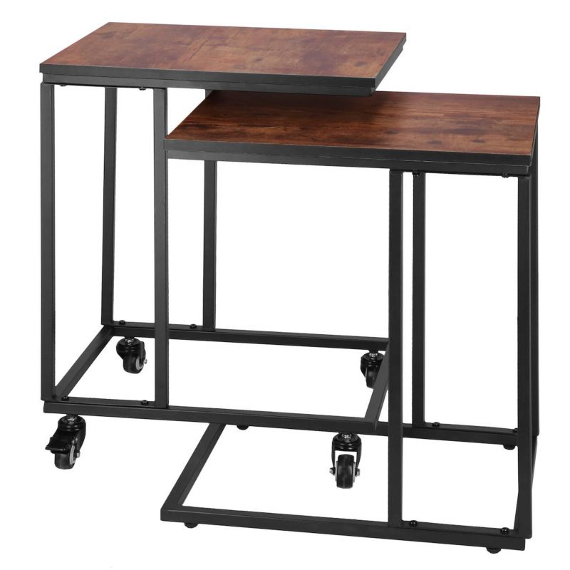 Stoliki kawowe, industrialne Springos 2 szt. mobilny stolik z kółkami, stolik pomocniczny, boczny czarno-brązowe 1 kpl.