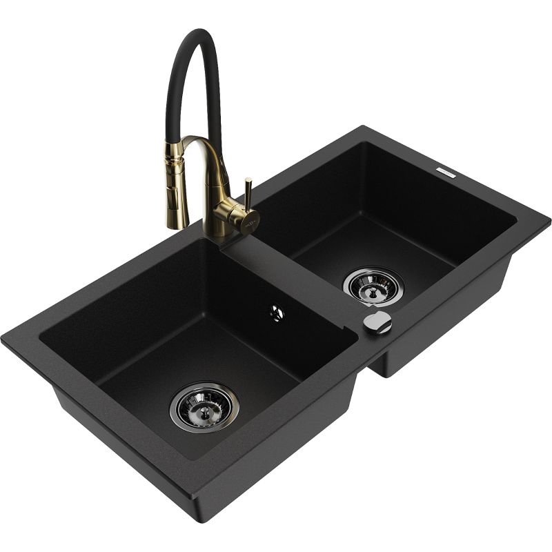 Zlewozmywak granitowy 2-komorowy Mexen Mario z baterią kuchenną Aster czarny - 6504-77-73450-57-G 1 szt.