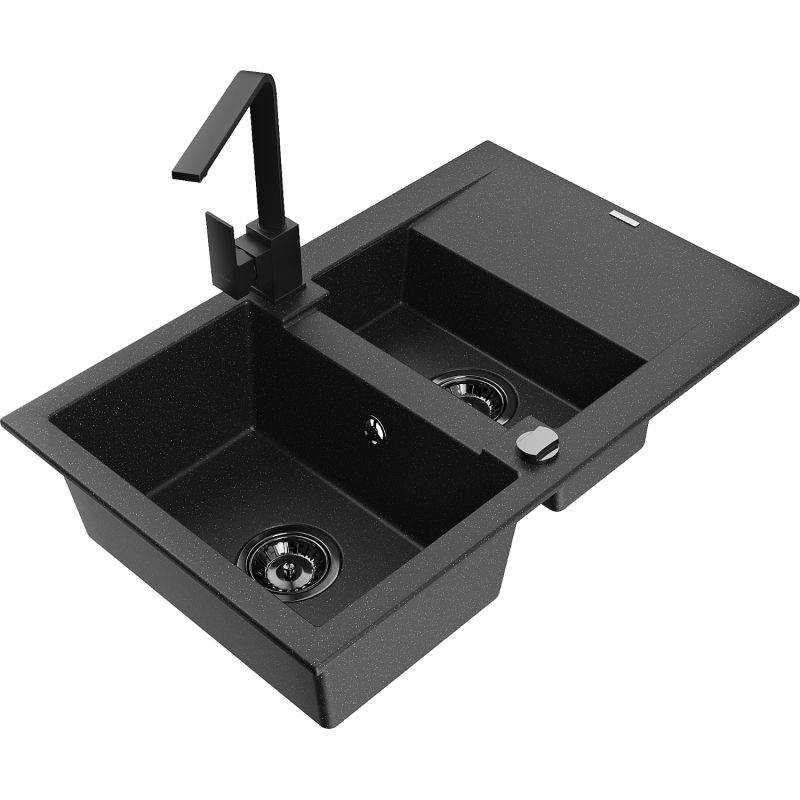 Zlewozmywak granitowy 1.5-komorowy Mexen Gaspar z ociekaczem i baterią Rita czarny/srebrny metalik - 6507-73-670300-70 1 szt.