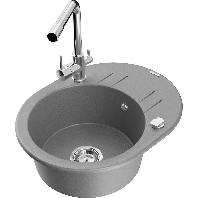 Zlewozmywak granitowy 1-komorowy Mexen Kevin z ociekaczem i baterią kuchenną Duero szary 6517-71-671600-00