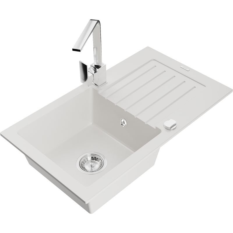 Zlewozmywak granitowy 1-komorowy Mexen Pablo z ociekaczem i baterią kuchenną Rita biały 6510-20-670300-00