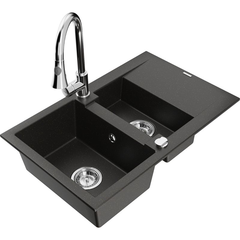 Zlewozmywak granitowy 1.5-komorowy Mexen Gaspar z ociekaczem i baterią kuchenną Elia czarny/złoty metalik 6507-75-670101-00