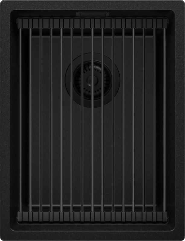 Zlewozmywak Praga Slim PRIMAGRAN Nablatowy 36x47cm do szafki od 40cm, Cały Czarny + Syfon + Zwijany ociekacz, S067, 1 szt.