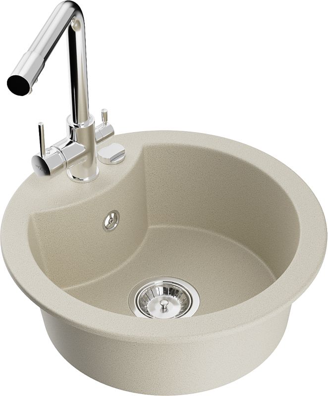 Zlewozmywak granitowy Mexen Diego 1-komorowy z baterią kuchenną Duero beżowy 6512-69-671600-00