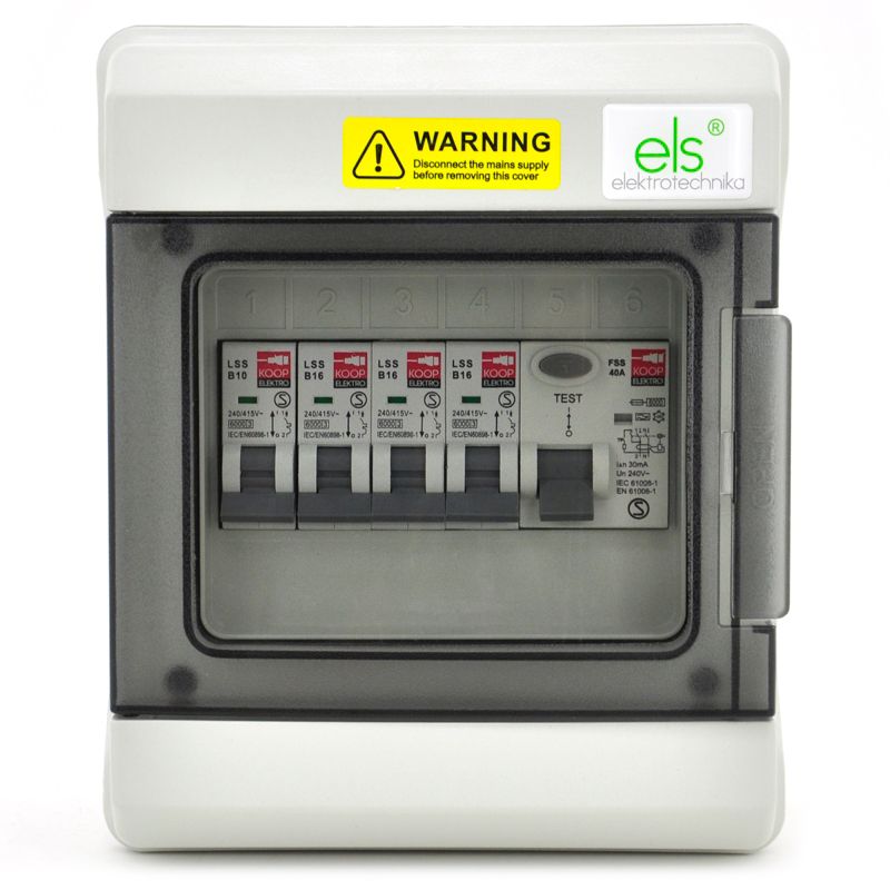 Rozdzielnica natynkowa 6- modułowa z zabezpieczeniami B10/B16 + FI40/2 ELS Elektrotechnika RN66-6.1, ABS hermetyczna IP66, 1 szt.