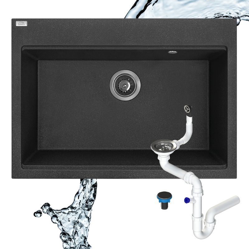 Zlewozmywak Granitowy Laveo TAU Czarny Jednokomorowy Wpuszczany Syfon SpaceSaving 1 szt.