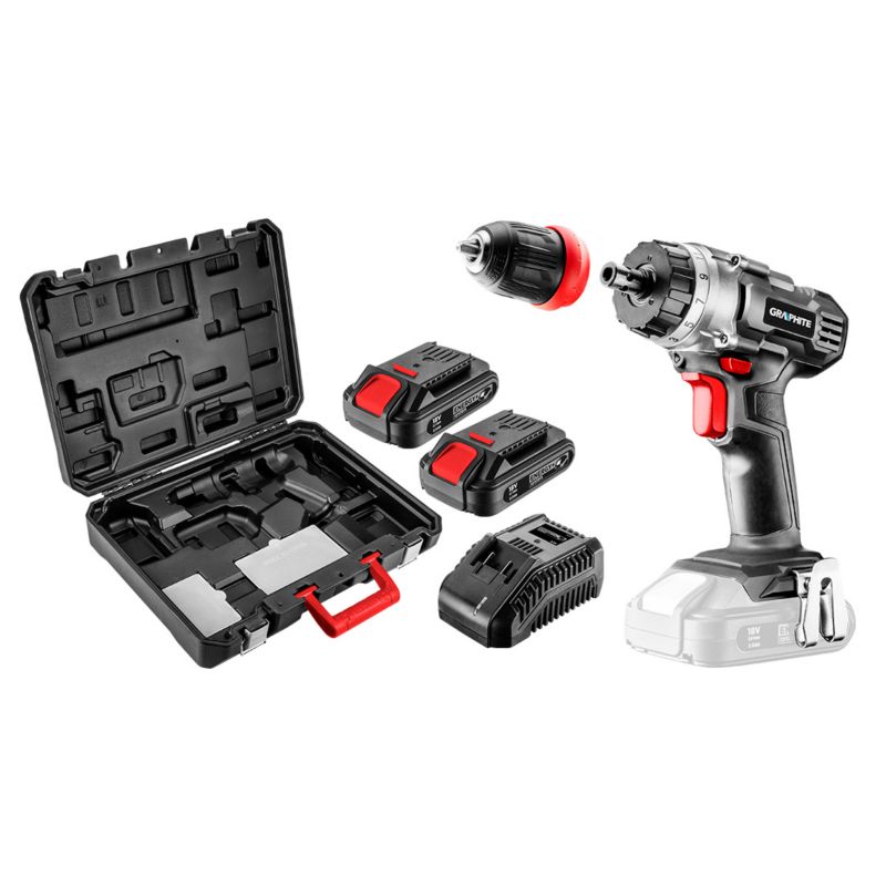 Wiertarko-wkrętarka akumulatorowa GRAPHITE zdejmowany uchwyt 10 mm, 2 akumulatory 2Ah, ładowarka, walizka 1 kpl