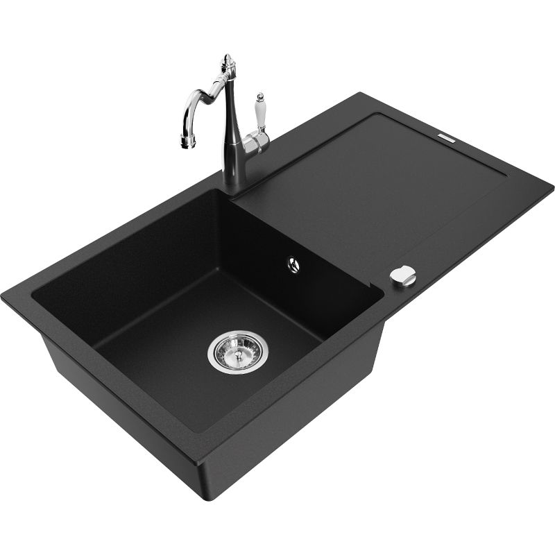 Zlewozmywak granitowy 1-komorowy Mexen Leo z ociekaczem i baterią kuchenną Carla czarny 6501-77-670700-00