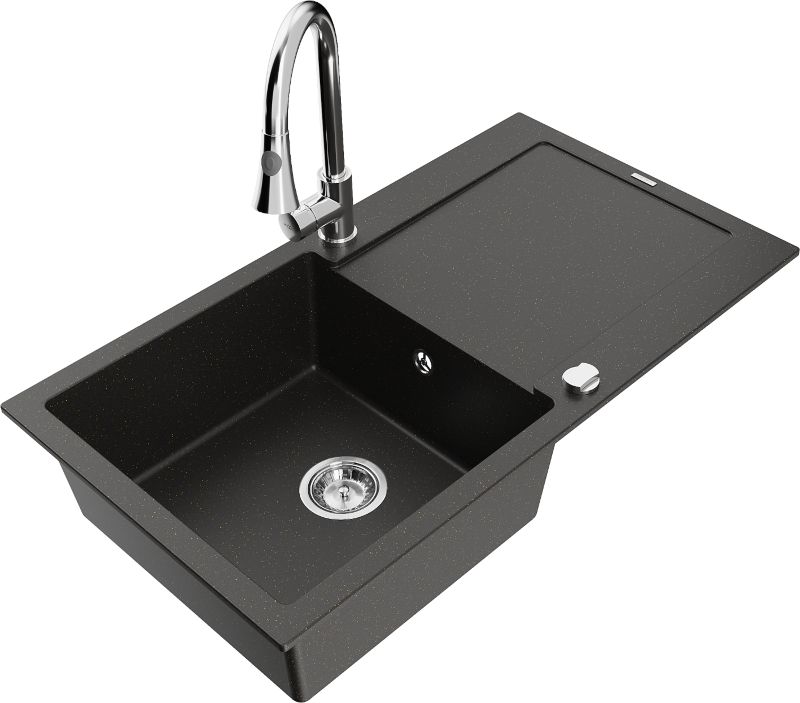Zlewozmywak granitowy Mexen Leo 1-komorowy z ociekaczem i baterią kuchenną Elia czarny/złoty 6501-75-670101-00