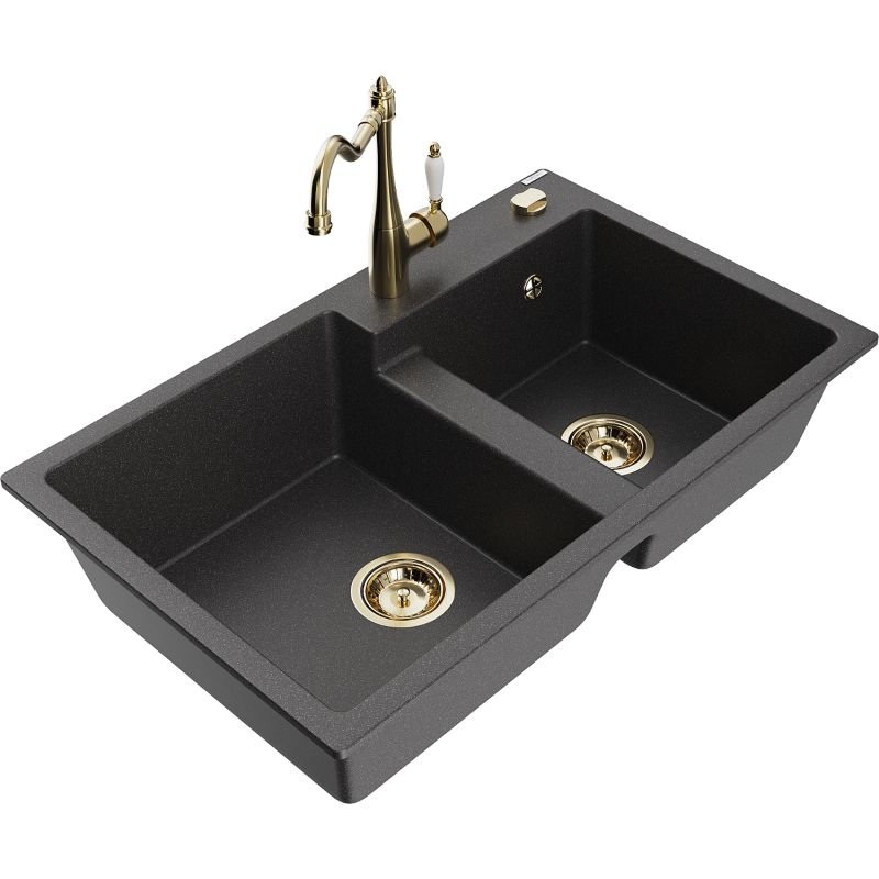 Zlewozmywak granitowy 2-komorowy Mexen Tomas z baterią kuchenną Carla czarny nakrapiany 6516-76-670700-50