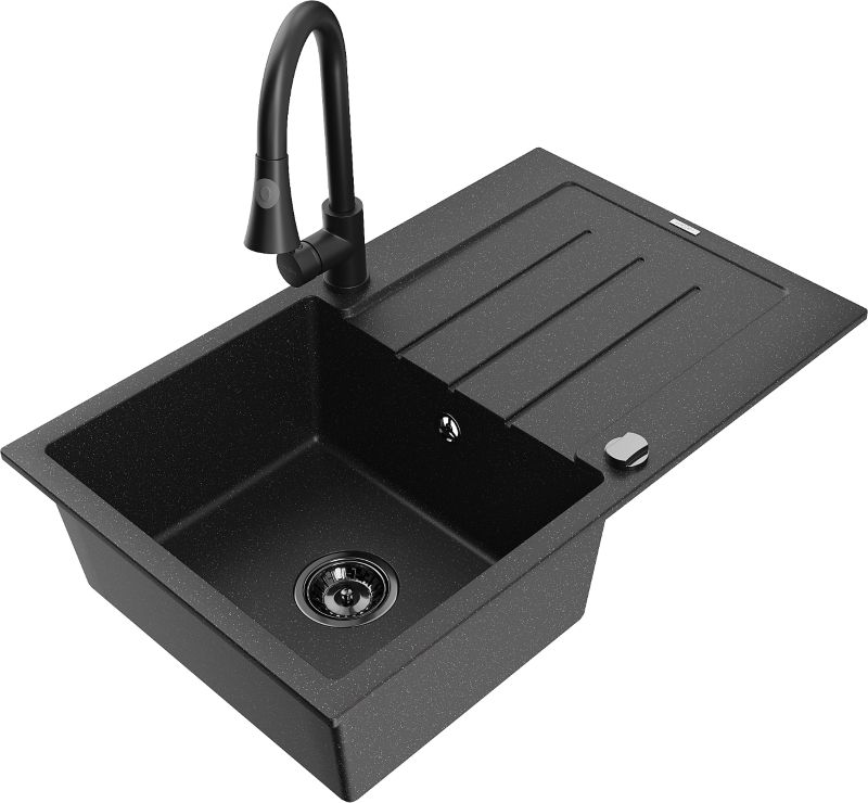 Zlewozmywak granitowy Mexen Bruno 1-komorowy z ociekaczem i baterią kuchenną Elia czarny/srebrny 6513-73-670101-70-B