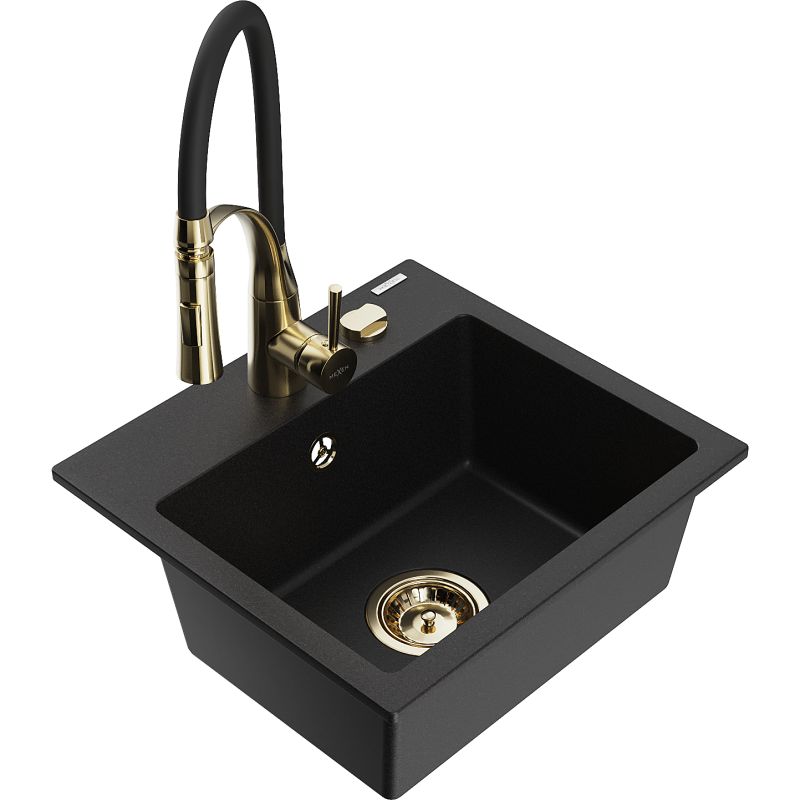 Zlewozmywak granitowy 1-komorowy Mexen Milo z baterią kuchenną Aster czarny nakrapiany - 6505-76-73450-70-B 1 szt.