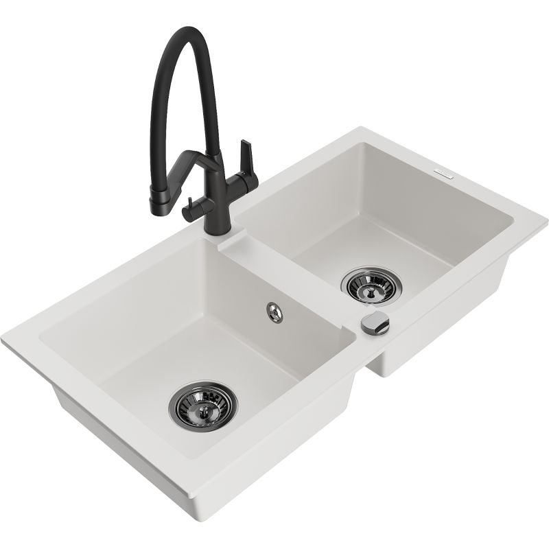 Zlewozmywak granitowy 2-komorowy Mexen Mario z baterią kuchenną Duo czarny - 6504-77-671701-07 1 szt.