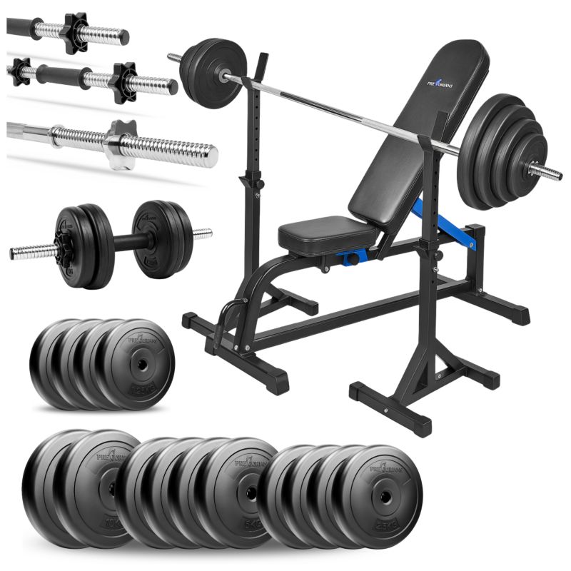 Zestaw do ćwiczeń Pretorians 100 kg z ławką treningową, stojakami, gryfem prostym, obciążeniem 55 kg zestaw
