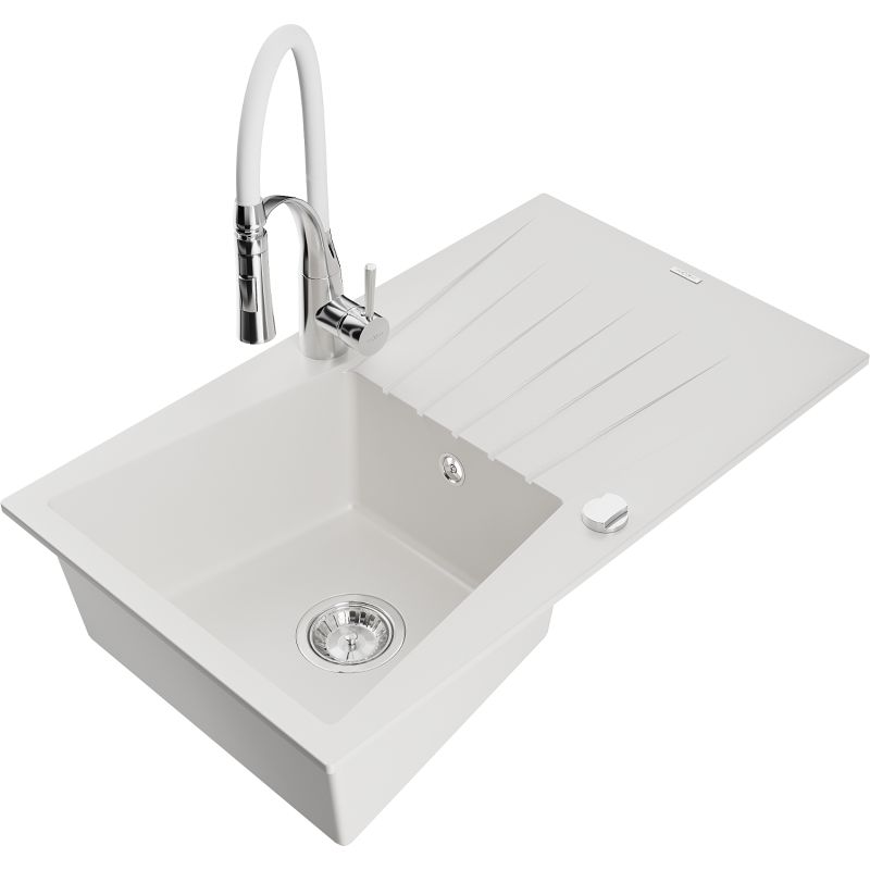 Zlewozmywak granitowy 1-komorowy Mexen Cesar z ociekaczem i baterią kuchenną Aster biały 6514-20-73450-02