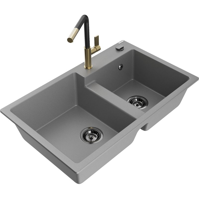 Zlewozmywak granitowy 2-komorowy Mexen Tomas z baterią kuchenną Flora szary - 6516-71-670401-07 1 szt.