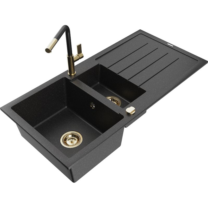 Zlewozmywak granitowy 1.5-komorowy Mexen Andres z ociekaczem i baterią kuchenną Flora czarny/srebrny 6515-73-670401-57-G