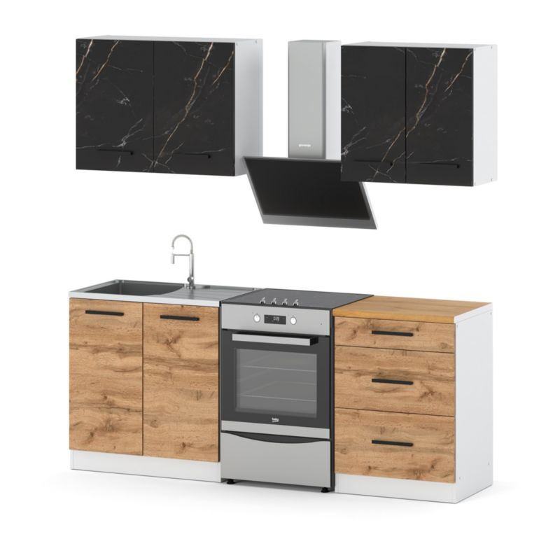 Zestaw Kuchenny Hurtownia-Mebli Z Blatem Kuchnia Mini Mokka 200cm Biały Mat San Sebastian/Dąb Wotan 200x47x145 cm 1szt.