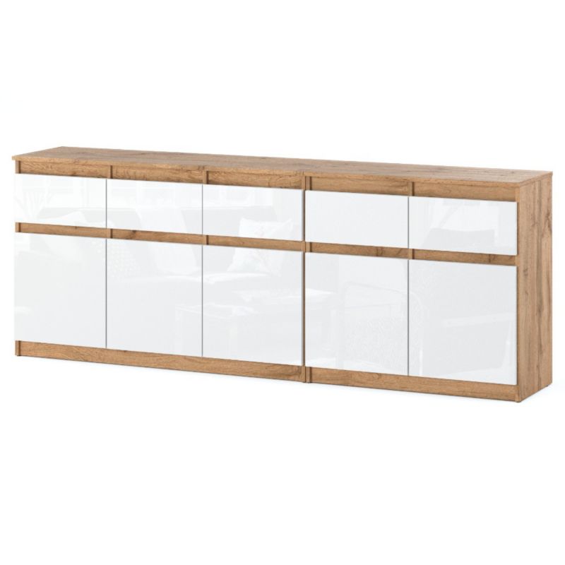 Komoda Hurtownia-Mebli Szuflady 5 Best Oleksa 200cm Dąb Wotan Biały Połysk 200x35x75 cm 1szt.