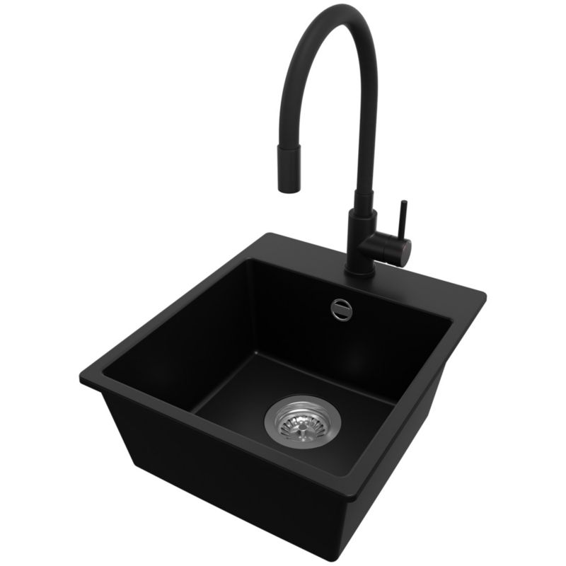 Zlewozmywak Granitowy Ryga Easy PRIMAGRAN Nablatowy 38x44cm do szafki od 40cm, Czarny + Bateria 40x38cm + Syfon, S027, 1 szt.