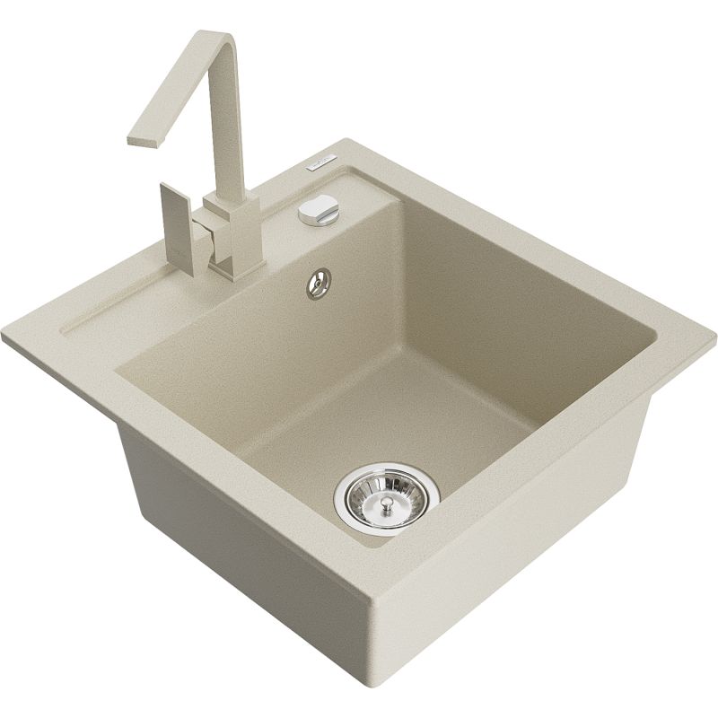 Zlewozmywak granitowy 1-komorowy Mexen Vito z baterią kuchenną Rita beżowy 6503-69-670300-69