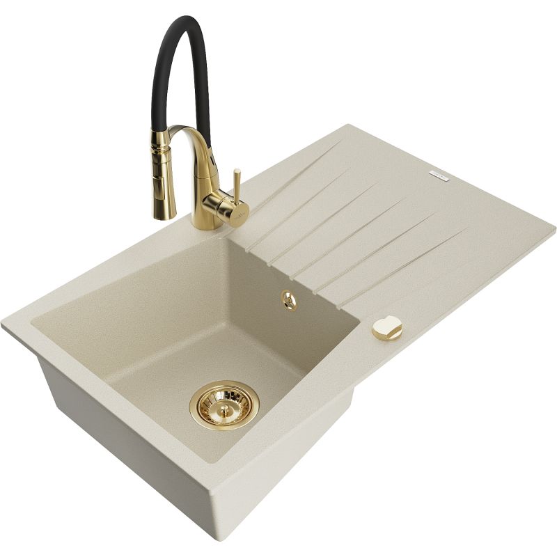 Zlewozmywak granitowy 1-komorowy Mexen Cesar z ociekaczem i baterią kuchenną Aster beżowy 6514-69-73450-57-G