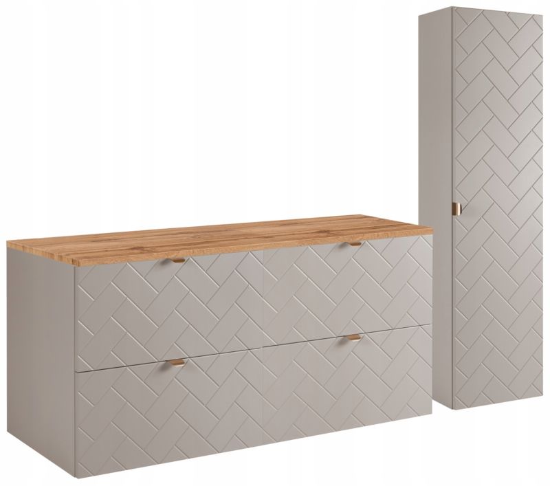Zestaw mebli łazienkowych Furnidea kaszmir 120 cm szafka pod umywalkę blat dąb wotan słupek ryflowany Trend zestaw
