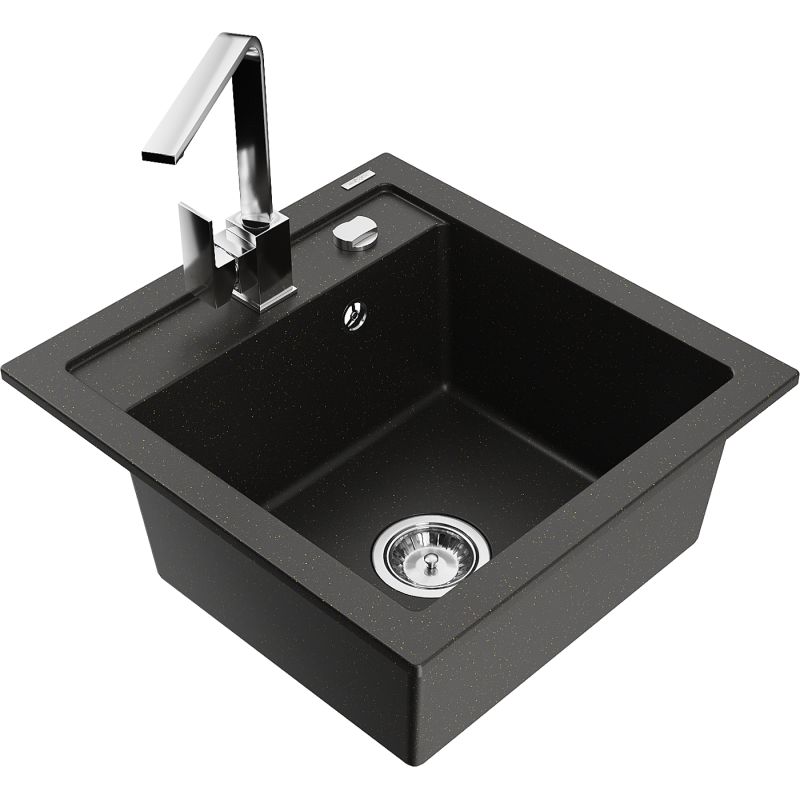 Zlewozmywak granitowy 1-komorowy Mexen Vito z baterią kuchenną Rita czarny/złoty metalik 6503-75-670300-00