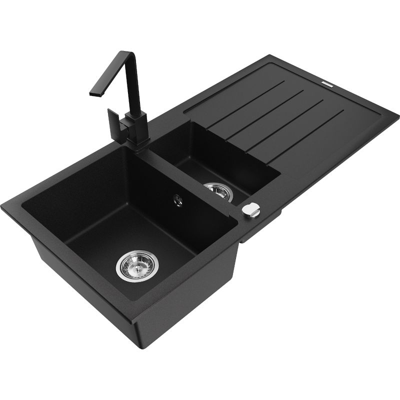 Zlewozmywak granitowy 1.5-komorowy Mexen Andres z ociekaczem i baterią Rita czarny nakrapiany - 6515-76-670300-70-B 1 szt.