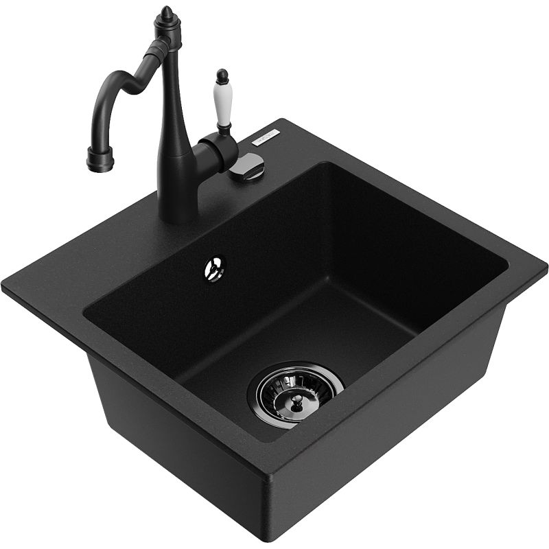 Zlewozmywak granitowy 1-komorowy Mexen Milo z baterią kuchenną Carla czarny - 6505-77-670700-50-B 1 szt.