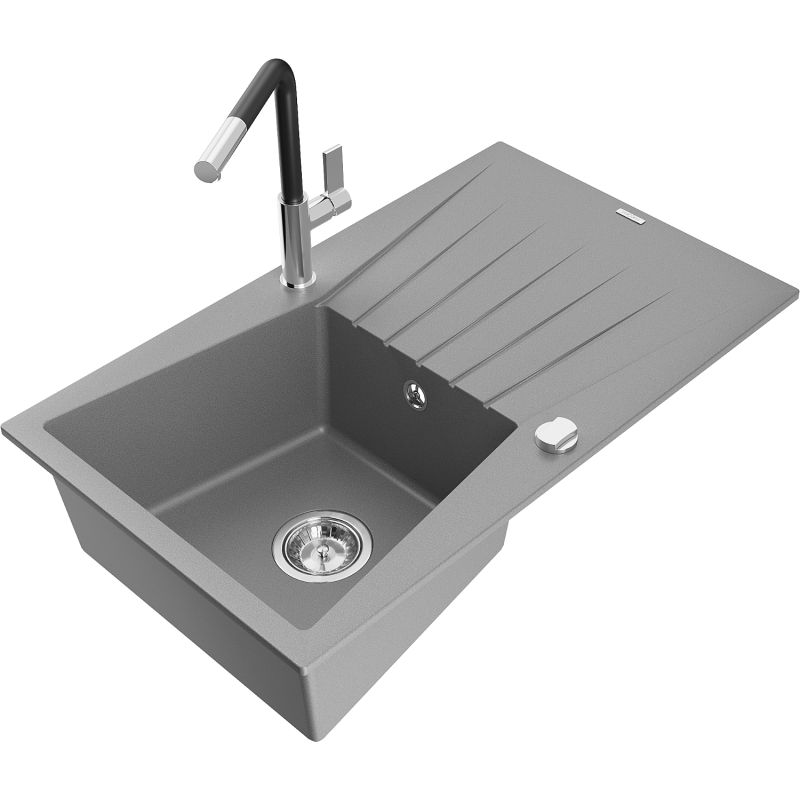 Zlewozmywak granitowy 1-komorowy Mexen Cesar z ociekaczem i baterią kuchenną Flora szary - 6514-71-670401-70-B 1 szt.