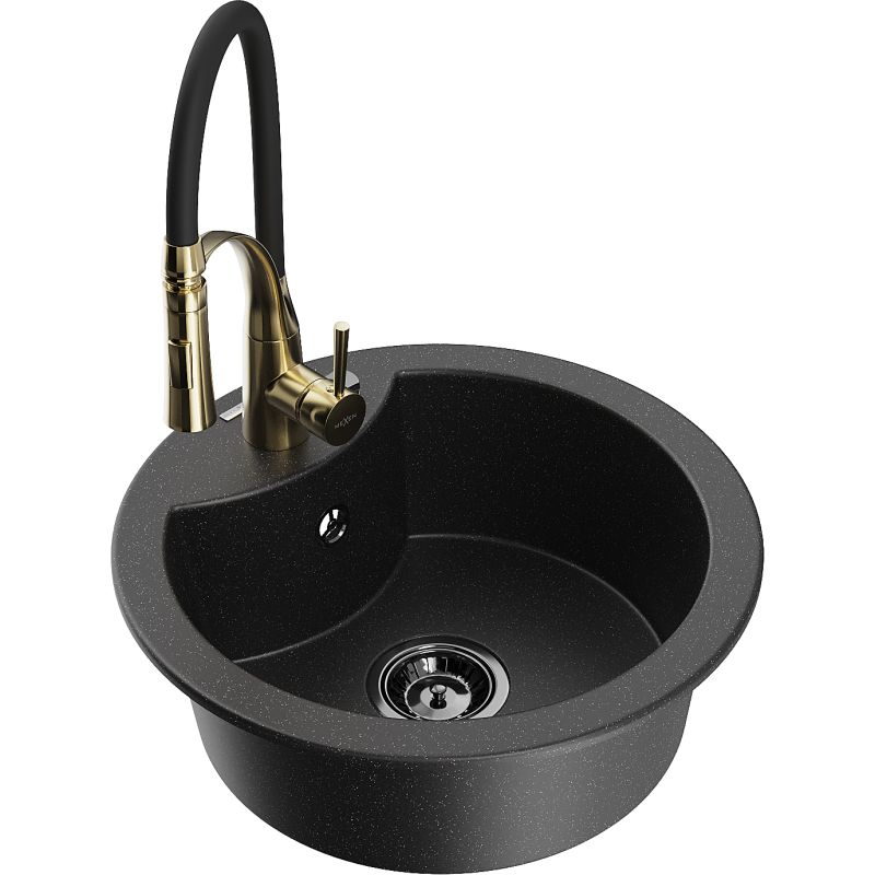 Zlewozmywak granitowy 1-komorowy Mexen Diego z baterią kuchenną Aster czarny/srebrny metalik 6512-73-73450-57-B