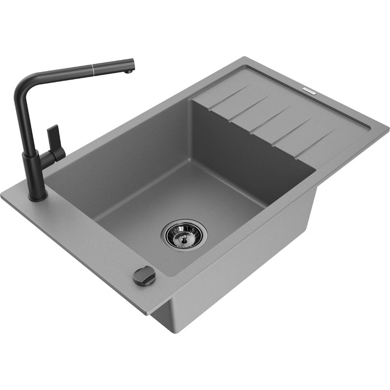 Zlewozmywak granitowy 1-komorowy Mexen Elias z ociekaczem i baterią kuchenną Rita beżowy - 6511-69-670300-70 1 szt.