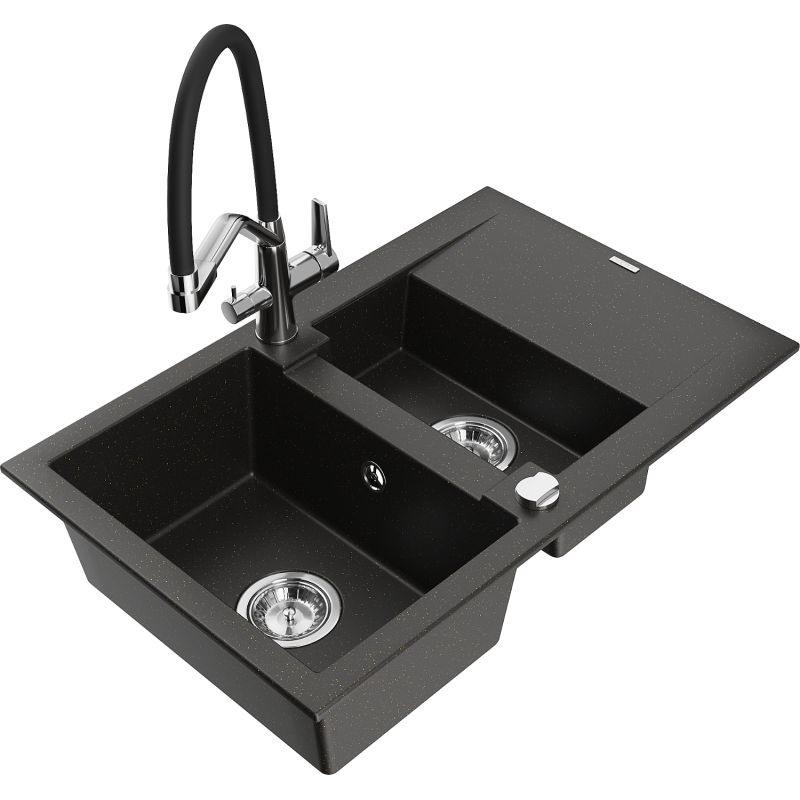 Zlewozmywak granitowy 1.5-komorowy Mexen Gaspar z ociekaczem i baterią kuchenną Duo czarny/złoty metalik 6507-75-671701-07