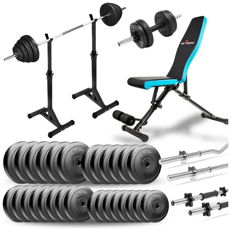 Zestaw do ćwiczeń Pretorians 158 kg z ławką treningową stojakami, gryfami, obciążeniem 120kg zestaw