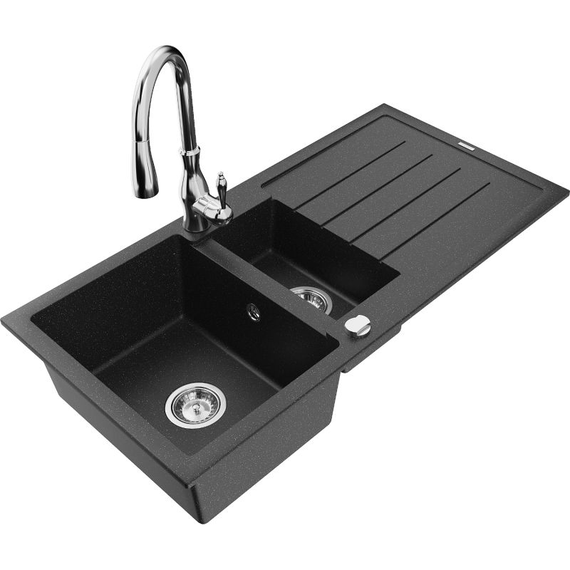 Zlewozmywak granitowy 1.5-komorowy Mexen Andres z ociekaczem i baterią Savita czarny/srebrny - 6515-73-672601-70-B 1 szt.
