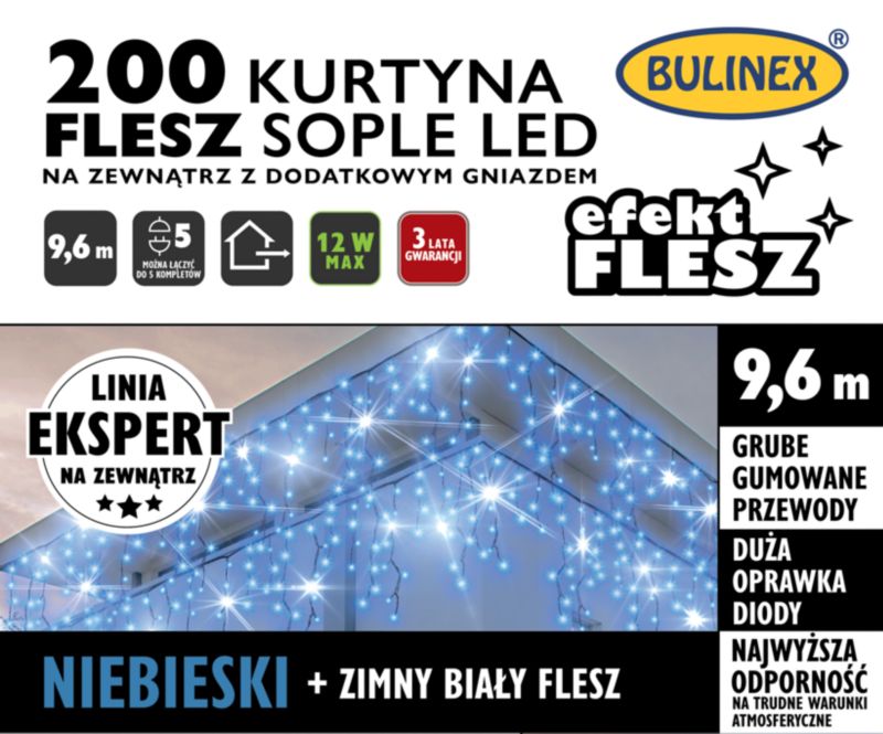 Kurtyna zewnętrzna 200 LED Bulinex sople flesz 9,6 m z dodatkowym gniazdem niebieska / zimna biała
