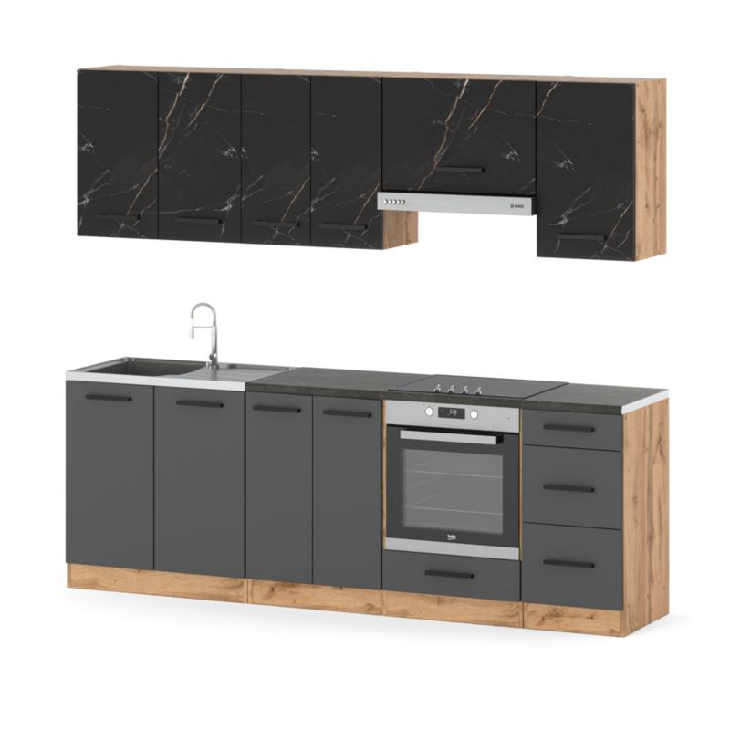 Zestaw Kuchenny Hurtownia-Mebli Z Blatem Kuchnia Mokka Plus 240cm Dąb Wotan San Sebastian/Szary Mat 240x47x145 cm 1szt.
