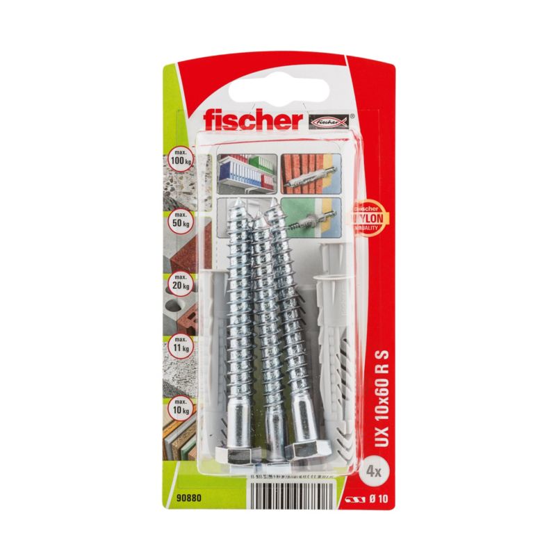 Kołki uniwersalne Fischer UX 10 x 60 mm z wkrętami kluczowymi 4 szt.