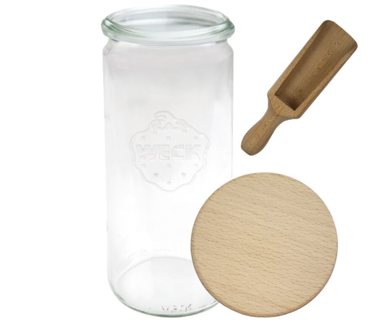 Słoik MODO24 Weck 1040 ml fi 80 cylinder drewniane wieko miarka 1 kpl.