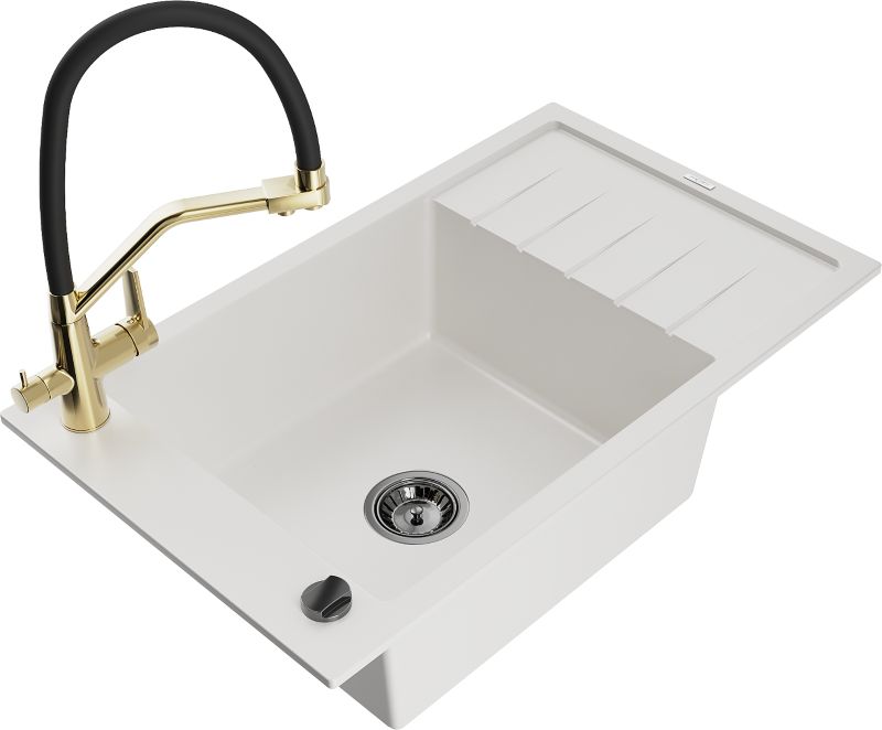 Zlewozmywak granitowy Mexen Elias 1-komorowy z ociekaczem i baterią kuchenną Duo czarny - 6511-77-671701-57-B 1 szt.