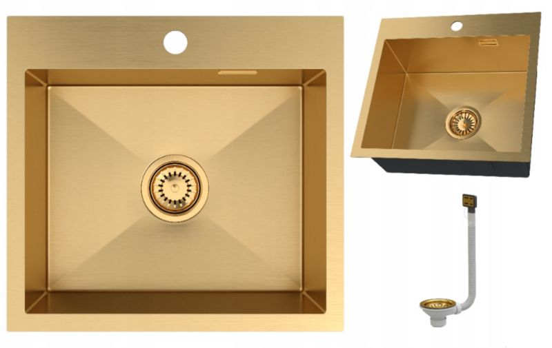 Zlewozmywak Stalowy Jednokomorowy Granitan Silvo48 Złoty Zlew Kuchenny Złoty Syfon 1 szt.