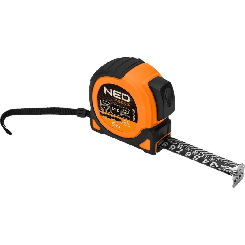 Miara zwijana NEO TOOLS stalowa Super Black 5 m x 25 mm, auto blokada, dwa przyciski stop, magnes 1 szt