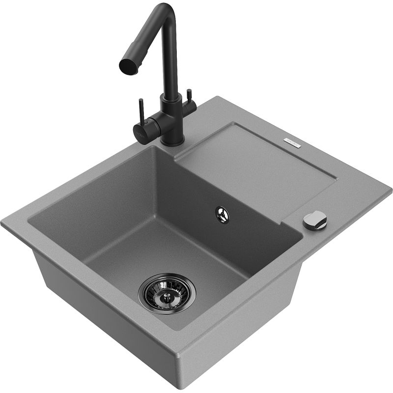 Zlewozmywak granitowy 1-komorowy Mexen Enzo z ociekaczem i baterią kuchenną Duero szary 6506-71-671600-70-B