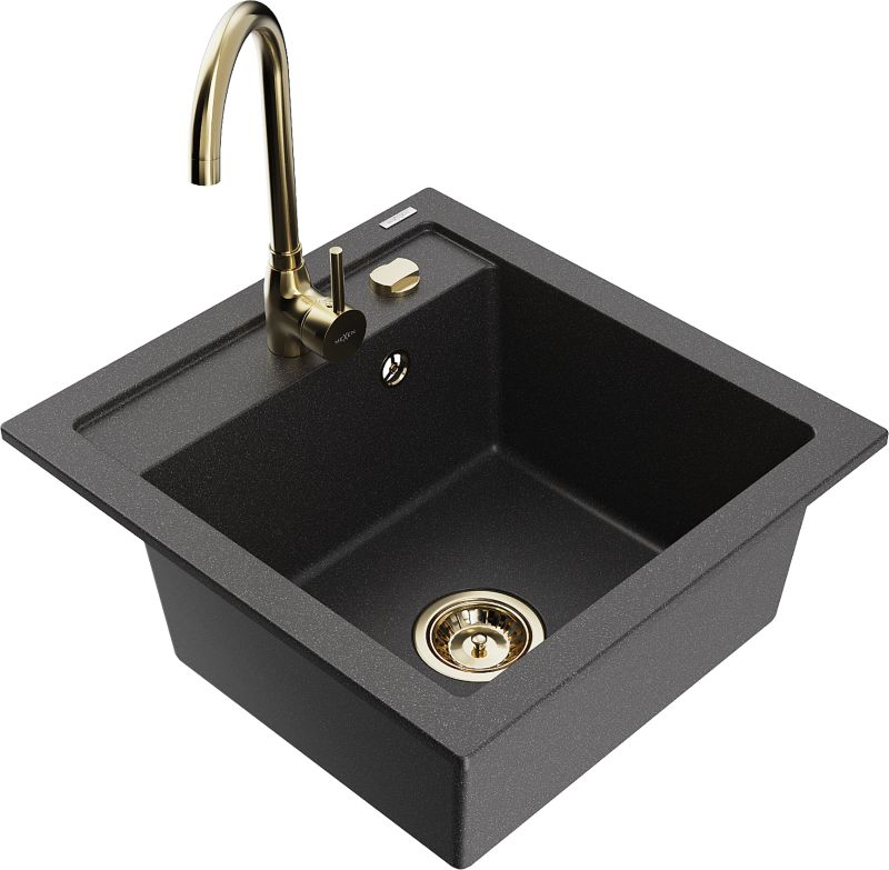 Zlewozmywak granitowy Mexen Vito 1-komorowy z baterią kuchenną Telma czarny 6503-76-670200-50